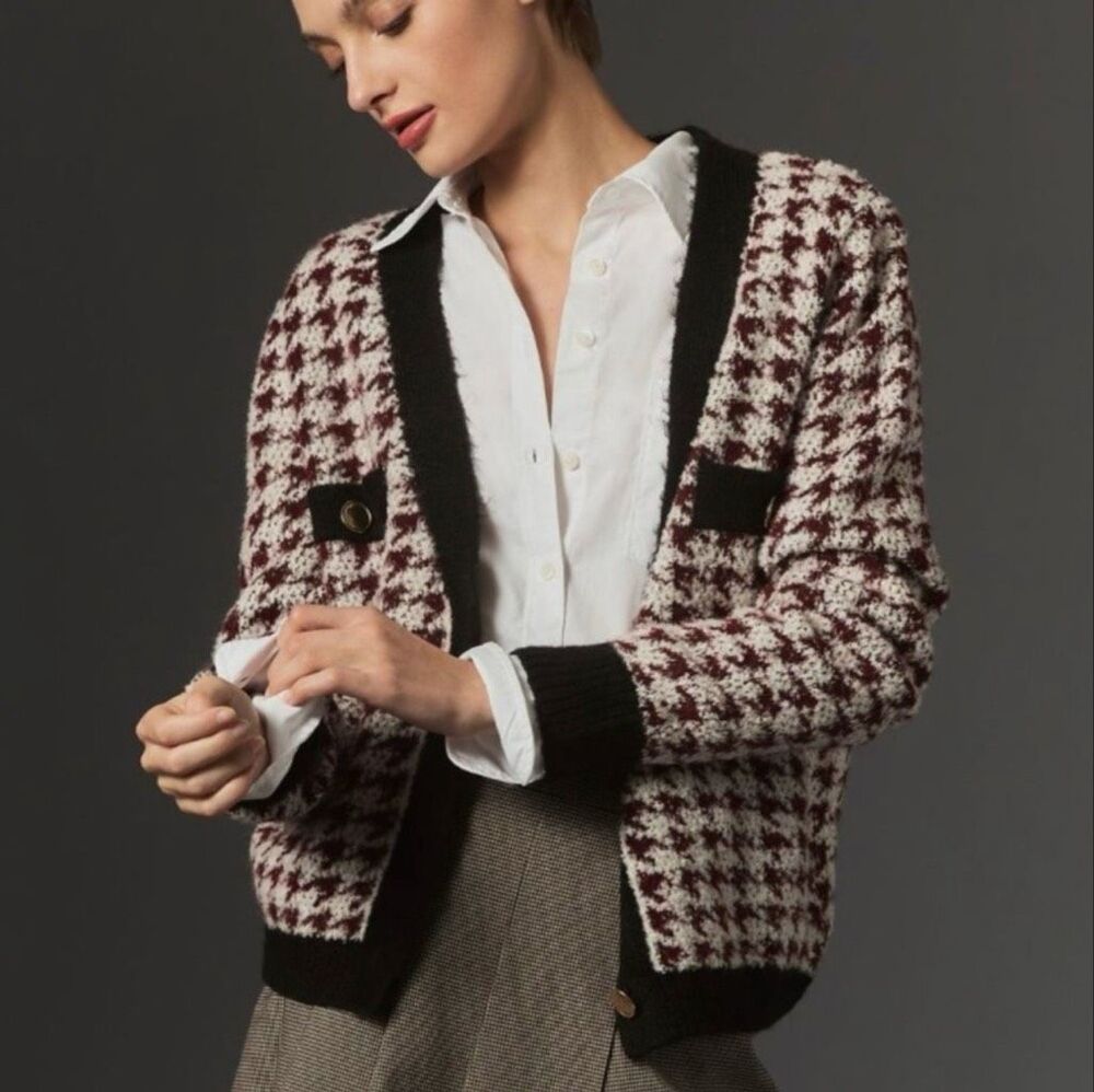 Anthropologie Maeve Houndstooth Cardigan Sweater L